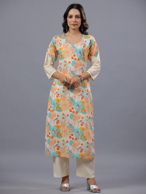 Cream Floral Print Kurti Set
