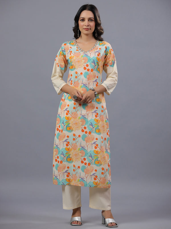 Cream Floral Print Kurti Set