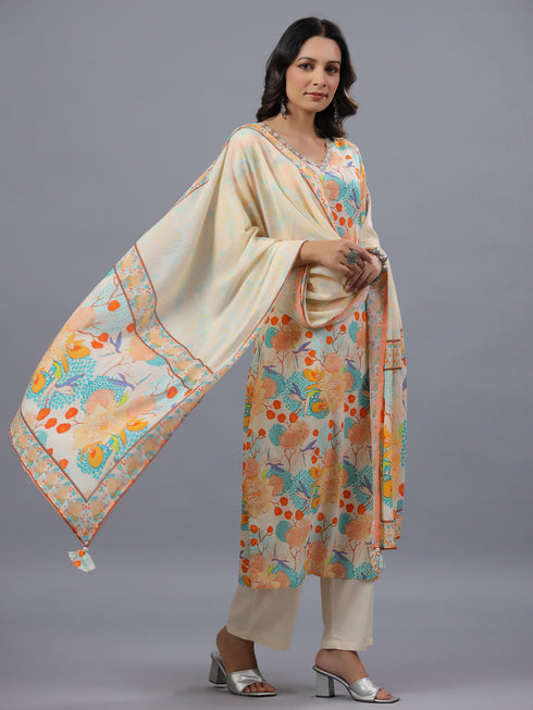 Cream Floral Print Kurti Set