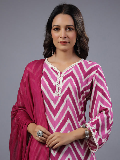 Green Cotton Floral Print Embroidered Kurti Set