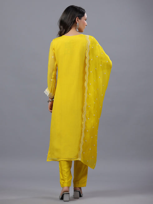 Yellow Threadwork Embroidered Kurti Set