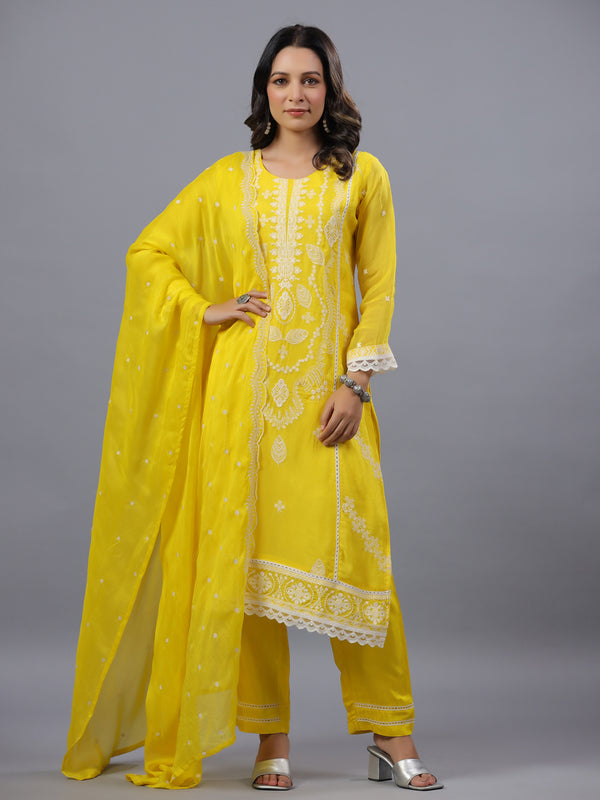 Yellow Threadwork Embroidered Kurti Set