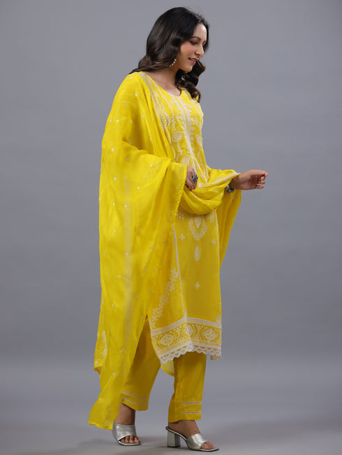 Yellow Threadwork Embroidered Kurti Set