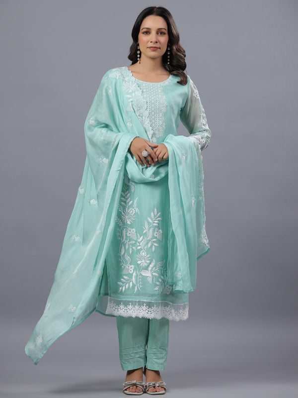 Sea Green Organza Embroidered Kurti Set