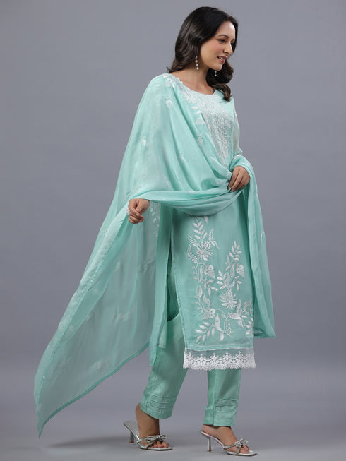 Sea Green Organza Embroidered Kurti Set