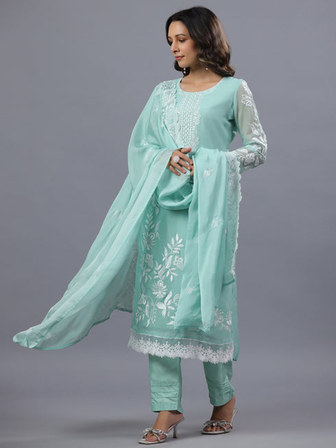 Sea Green Organza Embroidered Kurti Set