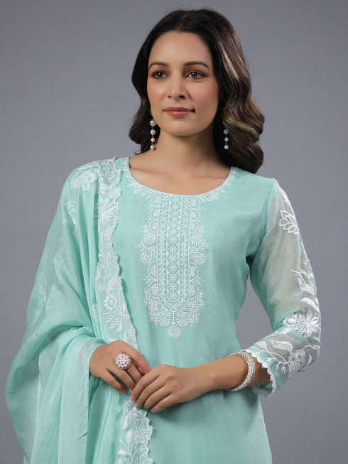 Sea Green Organza Embroidered Kurti Set