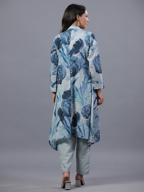 Blue Cotton Linen Botanical Print 3pc Co-Ord Set
