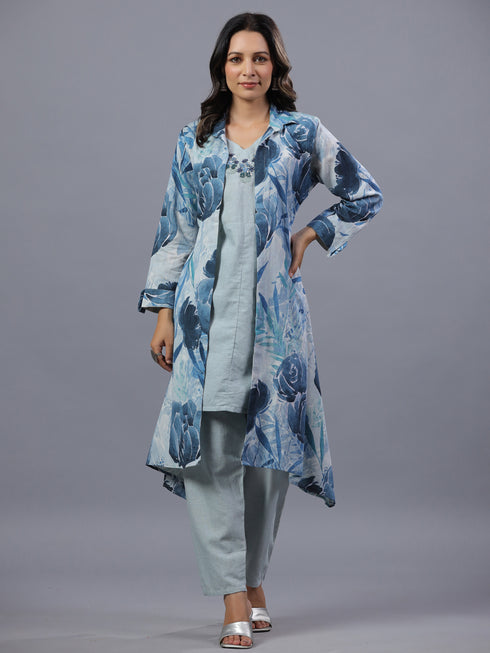 Blue Cotton Linen Botanical Print 3pc Co-Ord Set