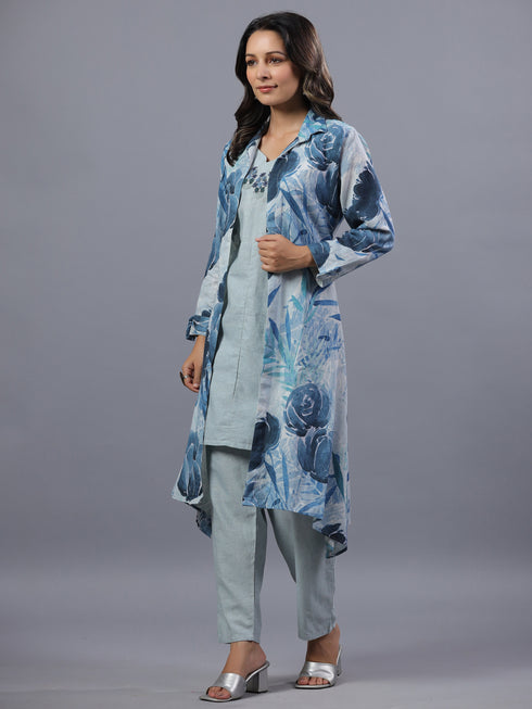 Blue Cotton Linen Botanical Print 3pc Co-Ord Set