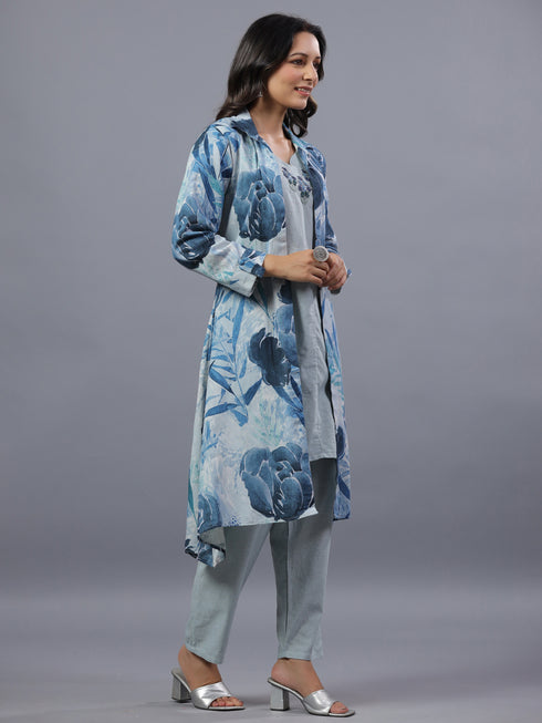 Blue Cotton Linen Botanical Print 3pc Co-Ord Set