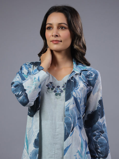 Blue Cotton Linen Botanical Print 3pc Co-Ord Set