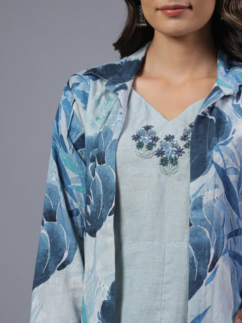 Blue Cotton Linen Botanical Print 3pc Co-Ord Set