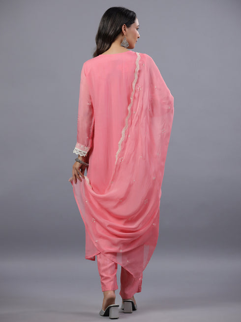 Pink Organza Embroidered Kurti Set