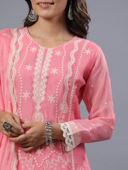 Pink Organza Embroidered Kurti Set