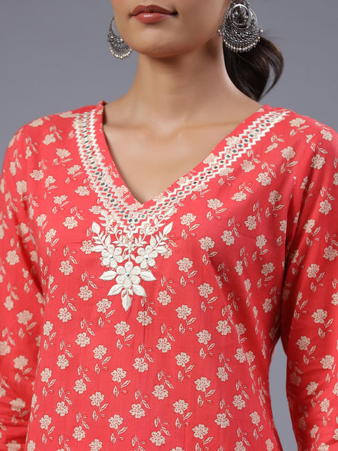 Red Floral Print Kurti Set