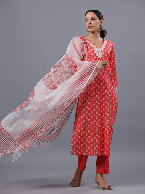 Red Floral Print Kurti Set