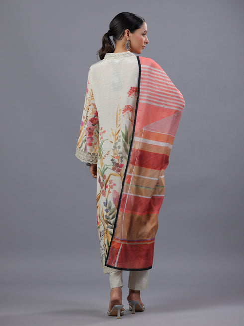Beige PolySilk Floral Print Kurti Set