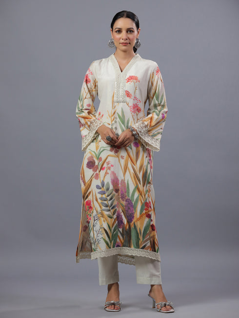 Beige PolySilk Floral Print Kurti Set