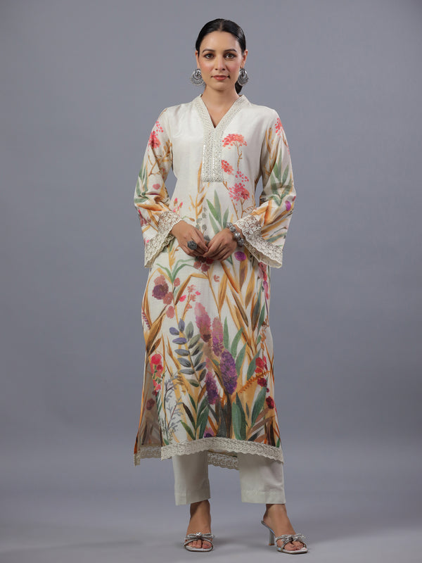 Beige PolySilk Floral Print Kurti Set