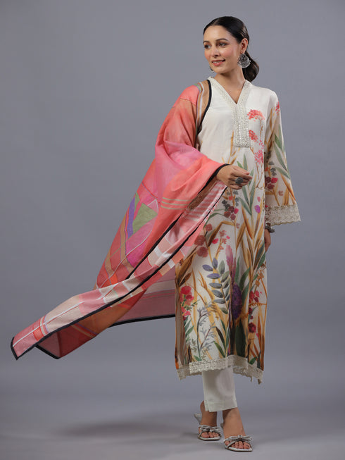 Beige PolySilk Floral Print Kurti Set