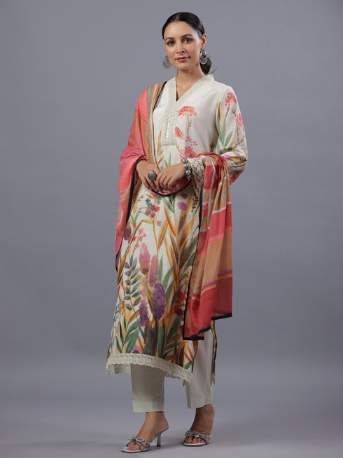 Beige PolySilk Floral Print Kurti Set