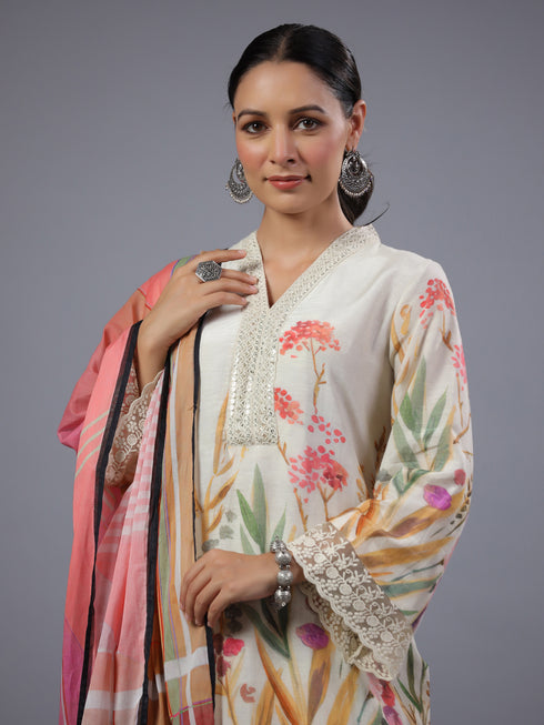 Beige PolySilk Floral Print Kurti Set