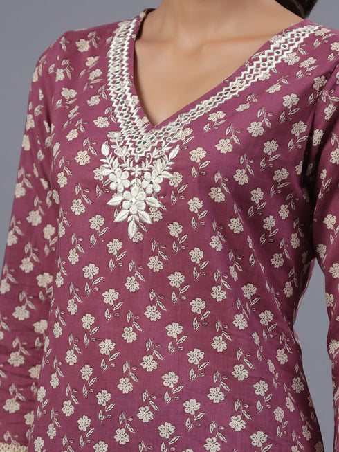 Purple Floral Print Kurti Set