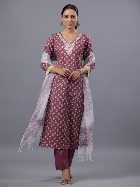 Purple Floral Print Kurti Set