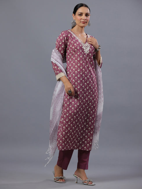Purple Floral Print Kurti Set