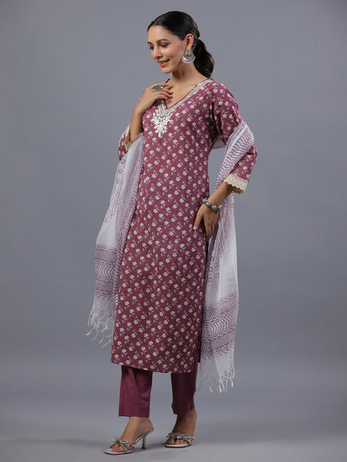 Purple Floral Print Kurti Set