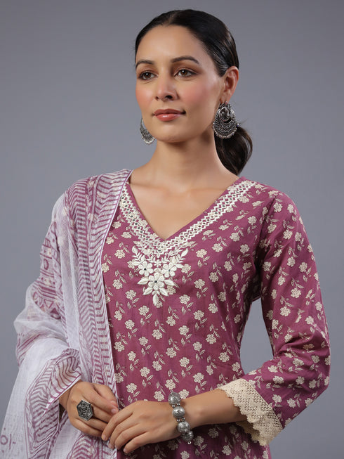 Purple Floral Print Kurti Set