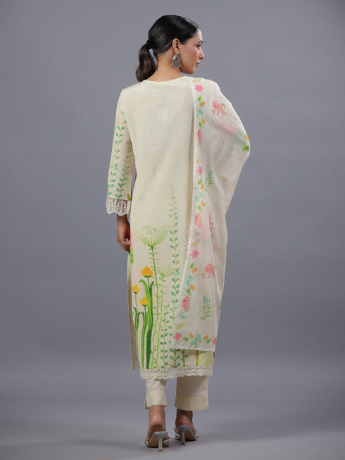 Cream Floral Botanical Print Kurti Set