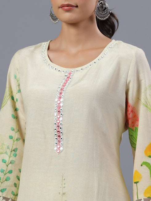 Cream Floral Botanical Print Kurti Set