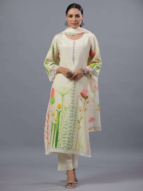 Cream Floral Botanical Print Kurti Set