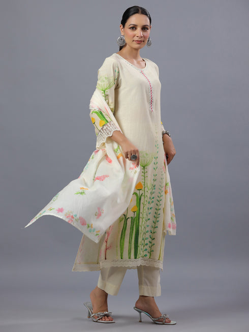 Cream Floral Botanical Print Kurti Set
