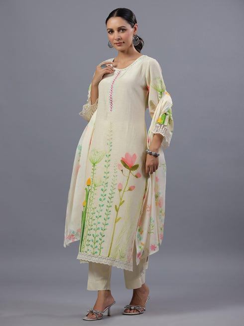 Cream Floral Botanical Print Kurti Set