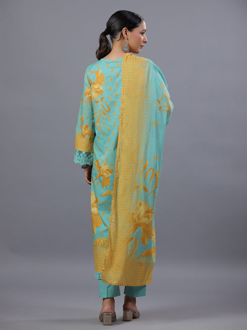 Turquoise blue Botanical Print Kurti Set