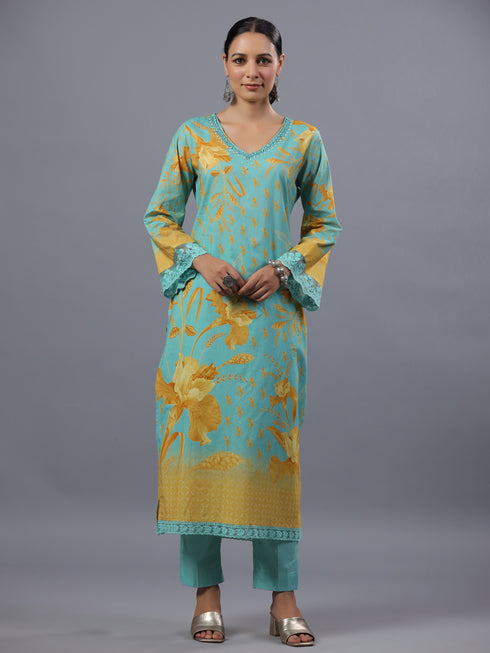 Turquoise blue Botanical Print Kurti Set