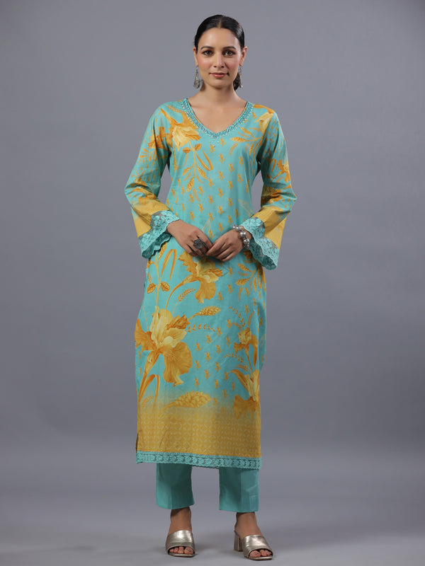 Turquoise blue Botanical Print Kurti Set