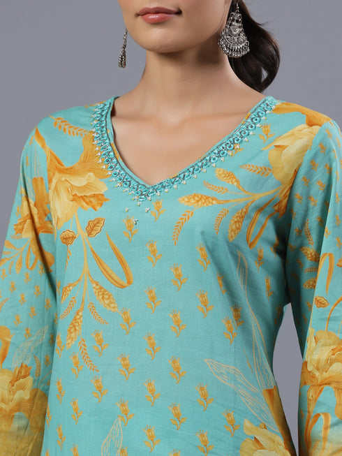 Turquoise blue Botanical Print Kurti Set