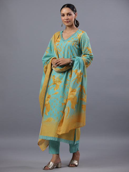 Turquoise blue Botanical Print Kurti Set