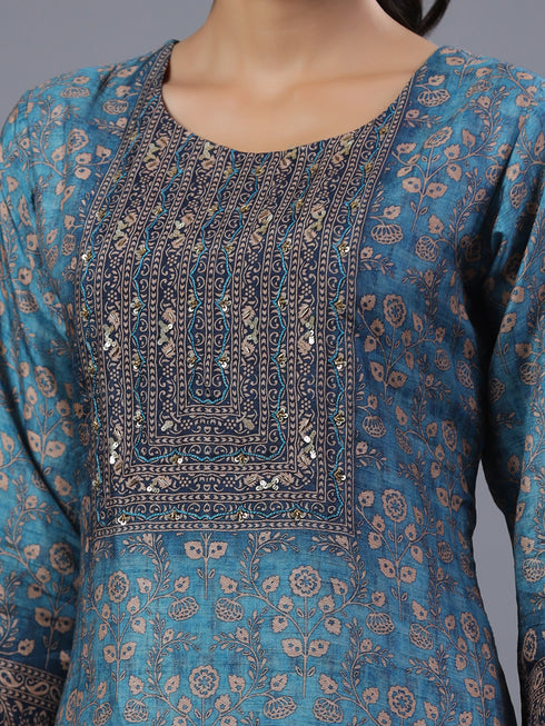 Blue Ombre Floral Printed Kurti Set