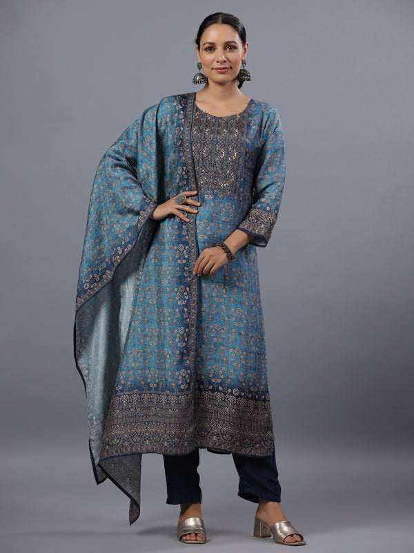Blue Ombre Floral Printed Kurti Set