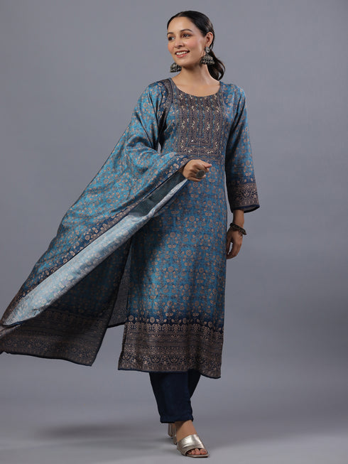 Blue Ombre Floral Printed Kurti Set