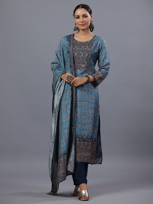 Blue Ombre Floral Printed Kurti Set