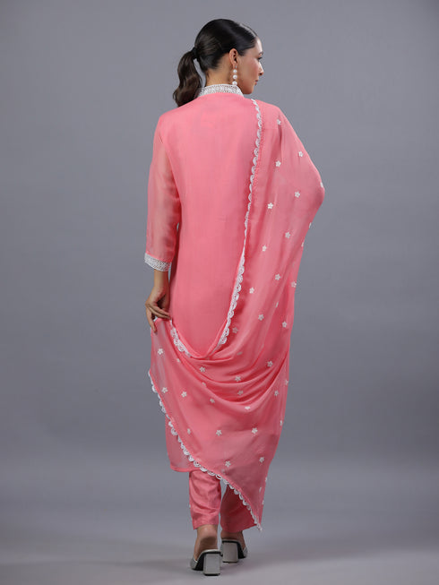 Peach Organza Embroidered Kurti Set