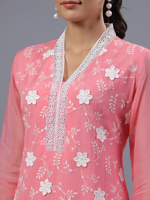 Peach Organza Embroidered Kurti Set