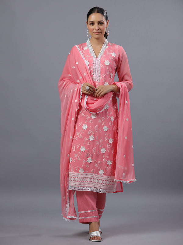 Peach Organza Embroidered Kurti Set