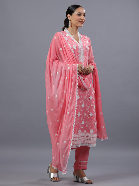 Peach Organza Embroidered Kurti Set